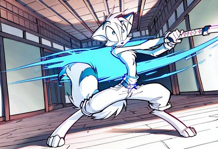 Mace, Dreamkeepers, 1boy, anthropomorphic, feline-like, white fur, spiky hair, masterpiece, best quality, chest fur, <lora:Dreamkeepers_Mace_Illustrious:0.8>, indoors, pants
,masterpiece, best quality, amazing quality, male, score_9, score_8_up, score_7_up, solo, no text, high detailed, high quality, masterpiece, no text, quality highlights, 8k detail, detailed background, ultra-detailed,  high quality, vibrant darker colors, best quality, rendering, high resolution, best render quality, standing, facial features, white skin, Japanese temple, medium bushy tail, male, detailed hair, narrow shoulders, one tone torso, two tone face, two tone tail, sexy, vibrant details, fluffy fur, blue eyes, wide curves, black nose, Blue robe, katana, calm expression, swinging sword, bloody sword, action lines, in the air, cutting through enemies, swinging around katana, badass, flowing wind,
