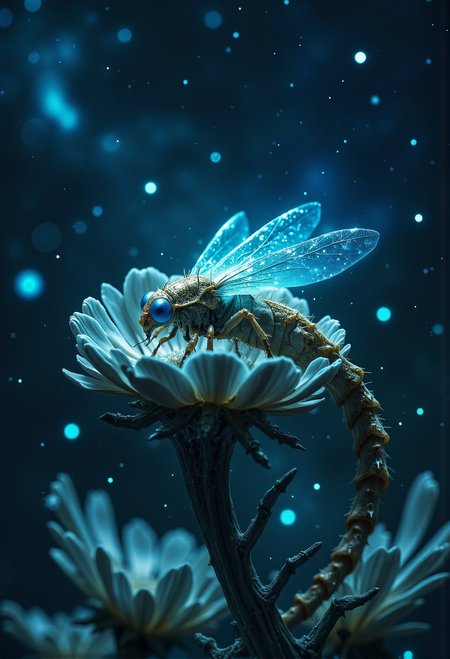 A tiny, firefly-inspired alien insect emitting a soft blue glow, nestled inside a strange, spiraling alien flower under a starry night sky. <lora:FredFraiStyle-FLUX-Share.safetensors:0.25>,  <lora:Magic_of_Art_\(FLUX\).safetensors:0.25>,  <lora:Elden_Ring_-_Yoshitaka_Amano.safetensors:0.75>,  <lora:- Flux1 - soothing_atmo_V2.0.safetensors:0.15>,