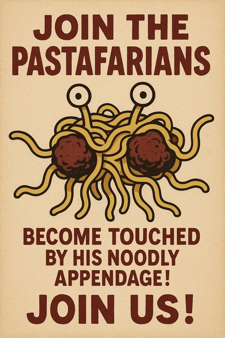Imagine a flyer inviting people to join the Pastafarian mouvment with funny illustration and text