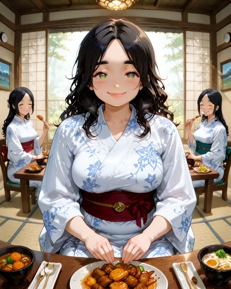IllusP0s, PonyScores7, source_anime, ah1, IllustriousQual, interesting, exciting, spectacular, wonderful, 
BREAK <lora:xl_more_art-full_v1:0.2>, <lora:aesthetic_anime_v1s:0.2>, <lora:EpicF4nta5yXL:0.2>, <lora:detailxl:0.2>, detailxl, <lora:Fant5yP0ny:0.2>, amazing quality, best aesthetic, absurdres, illustration, Volumetric_Lighting, ultra-detailed, very aesthetic, intricate details, best_quality,
BREAK ((sitting, eating)),
BREAK Stable_Yogis_PDXL_Positives, AS-Adult, <lora:Complicated fantasy portrait - XL Pony V2.0:0.2>, bad-hands-5, <lora:HDA_Detailer:0.3>,  <lora:Love_Live_Sunshine_Illustrious_SD8-1:0.5>, ((conceptual fashion photography, merging art and style, creative storytelling, unique compositions, vibrant colors, showcasing clothing as art, emotional resonance, innovative techniques, artistic expression, thought-provoking visuals, immersive experiences, blending reality and fantasy, powerful narratives, celebrating individuality, engaging imagery)),
BREAK 1girl, mature female, (curvy), round-chin, caucasian, <lora:ETO_OC_Illustrius:0.5>, eto_oc, skindentation, (plump), thick thighs, wide hips, busty, voluptuous, <lora:venus body PonyXL:0.3>, <lora:shinyskin2:0.2>, glistening skin, HDA_FatGirlXL, round ass, large breasts,
BREAK ((<lora:heyashoku:0.5> heyashoku, food, table, yukata)),
BREAK (curly hair), long hair, (black hair:1.4), (parted hair:1.7), messy hair, kinky curls, <lora:hairdetailpxl:0.2>, hairdetailpxl,
BREAK (half green and brown eyes), (colorful eyes), (multicolored eyes), (downturned eyes:1.4), expressive eyes, <lora:perfect-eyes:0.4> perfecteyes , EyesHD, (round face:1.2), (thick eyebrows:1.3), (plump face), <lora:Round_face:0.2>, lips, <lora:DetailedEyes_xl_bdsqlsz_V1:0.4>, <lora:Eyes_Lora_Pony_Perfect_eyes:0.4>, <lora:focusoneyes:0.4>,
BREAK ((closed eyes, smile expression)), <lora:Expressive_H:0.2>, Expressiveh, <lora:Emotional_Anime_Expressions_PonyXL_Concept:0.2>, emotional, <lora:Best_Facial_Expression_LoRA_PONY:0.2>, looking at viewer, <lora:Detailed expressive EXEV style -XL Pony V1.0:0.2>, FaceDetail, <lora:Best_Facial_Expression_Helper_XTREME_ILLU:0.4>, kaogei,
BREAK (((indoors, ryokan))), <lora:Background Detailer - SDXL:0.8>, 4k, 8k, Ultra HD, Masterpiece, Best quality, Detailed background, <lora:Add_more_details_V2_XLpony:0.4>, full_details, <lora:background-type1:0.4>,