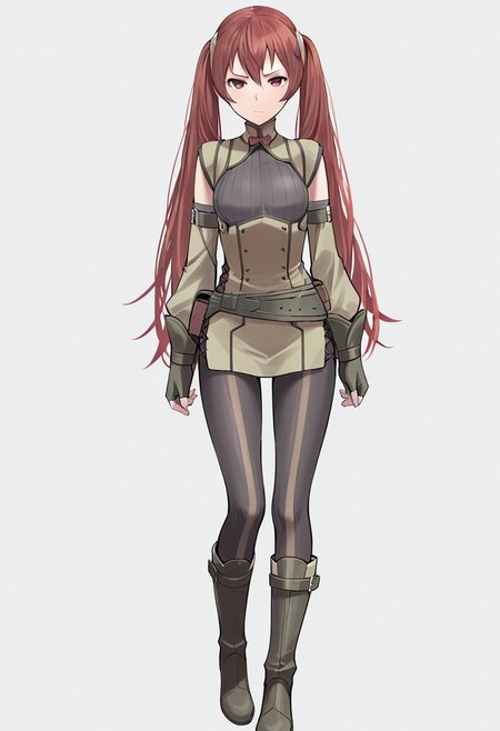 masterpiece, best quality, crimsonj-girl.fightil,
  1girl, Severa, long hair, red hair, twintails, red eyes, Tunic, detached, sleeves, pantyhose, boots
looking at viewer
  Simple background, ,  perfect anatomy