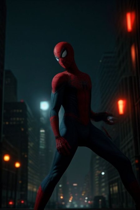 Spider-Man in a red and blue suit on the background of a night city. He stands surrounded by cobwebs and looks directly at the viewer