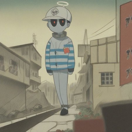 score_9,score_8_up, by Simon Hutt and Fujiko Fujio \(skchkko\), (solo:1.2), 1mutant, Insects humanoid, pale grey skin, Scenery, tired eye, Alternative eyes, Red pupils, hidden nose, sharp teeth, Insect antenna, power lines, no humans, White Trapper Aviator hat, bandage arms, Blue striped simple Sweater Button Up robe, bright red neckerchief, white halo, barbwire collar, shackles on wrist, Black clogs, Smile, looking at view, Slightly Side View, holding Machinegun, Slightly Side View, Gwanghwamun Square + Chinatown on Atlantic City, Artist by Alexis Beaumont and Hiroyuki Imaishi, France hand drawn art, hand drawn illustration, Style of Yoojeong Bae and Fujiko Fujio, Flat 2D Art Style, Thick lineart, Art Style of Wuye Changjie and Hiroyuki Imaishi, Jungsu Lee parody, <lora:Alternative_lora:0.7>,<lora:TakeichiAbarayaArtistStyle_v10:0.2>, <lora:AlexisBeaumont-10:0.8>, <lora:SilviaDeVenturaArtist-19:0.2>, <lora:LewisTrondheimXLP_Style:1>, <lora:Kim_Pong_PongV2:0.9>, <lora: Powerpuff_Girls-XL:1>, <lora:MFKZ-000044:0.8>