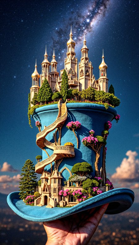 "A surreal top hat transformed into a magical city, with golden towers rising from its brim and spiral staircases wrapping around its elegant blue surface. The brim is adorned with vibrant gardens of pink and green, while the starry night sky casts an ethereal glow on the intricate embroidery of the hat. A celestial nebula in the distance enhances the mystical ambiance, making this architectural marvel appear like a dream brought to life."
 <lora:FluxDFaeTasticDetails:0.2> <lora:aidmaHyperrealism-FLUX-v0.3:0.8>