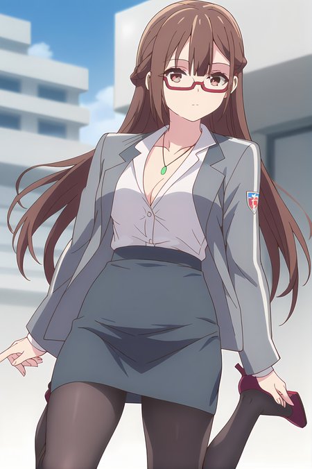 (grey jacket white shirt pencil skirt black pantyhose high heels:1.30), gg-miranda, necklace, brown hair, brown eyes, red glasses, medium breasts, 1girl, solo, skinny, score_9, score_8_up, score_8, score_7_up, score_7, score_6_up, score_6, score_5_up, score_5, source_anime, blush, outdoors, (straight-on:1.20), (:1.20), , <lora:gg-miranda-V01-000003:1.00>