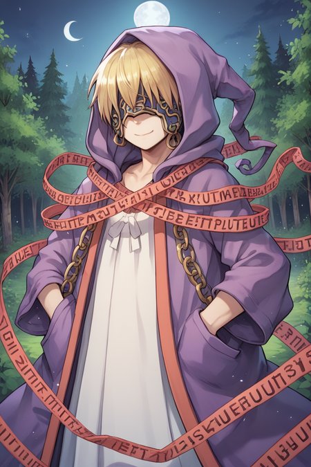 (score_9, score_8_up, score_7_up, score_6_up), source anime, BREAK, solo,  <lora:Nessiah-000013:0.55> , nesdef, 1boy, blonde hair, mask, covered eyes, hooded robe, hood up, robe, purple robe, caution tape, red caution tape, chain, cuffs, exterior, forest, trees, fortress, castle, cowboy shot, night, moon, forest, zen garden, (hands in pockets), smile, closed mouth,  <lora:zy_Detailed_Backgrounds_v1:0.5> , detailed background, highly detailed,   <lora:backgroundsetXL:0.4> , background,  <lora:m4gXLP:0.8> , m4g,