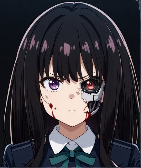 score_9,score_8_up,score_7_up,score_6_up,score_5_up,score_4_up,source_anime,best quality,masterpiece,
<lora:half_cyborg_face_pony_v1:1>,half_cyborg_face,android,mechanical parts,damaged,cyborg,heterochromia,blood on face,artificial eye,mechanical eye,science fiction,
1girl,solo,
<lora:takina-inoue-s1-ponyxl-lora-nochekaiser:1>,inoue takina,
long hair,bangs,black hair,purple eyes,shirt,long sleeves,school uniform,white shirt,collared shirt,neck ribbon,blue dress,green ribbon,
simple background,black background,looking at viewer,serious,frown,front view,upper body,