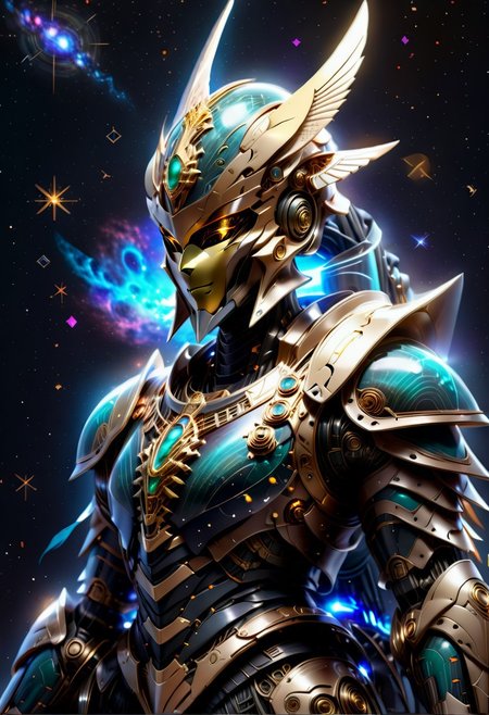 "A futuristic astronaut dressed in an intricate, gold-plated pharaoh-inspired spacesuit, blending ancient Egyptian design elements with high-tech sci-fi aesthetics. The suit features a shining golden sheen with detailed hieroglyphic engravings, intricate patterns, and sharp geometric lines. The helmet is a fusion of a traditional pharaoh's headdress and a modern space visor, reflecting a star-filled galaxy. The chest armor and shoulder plates display exquisite carvings resembling ancient Egyptian gods and cosmic symbols, glowing subtly with ambient light. The background depicts a mesmerizing deep-space scene filled with vibrant nebulae, stars, and distant galaxies, creating a sense of cosmic mystery and grandeur. The lighting highlights the metallic textures and reflective surfaces of the armor, adding depth and hyper-realism to the scene, with a slight warm golden hue emanating from the suit's edges."