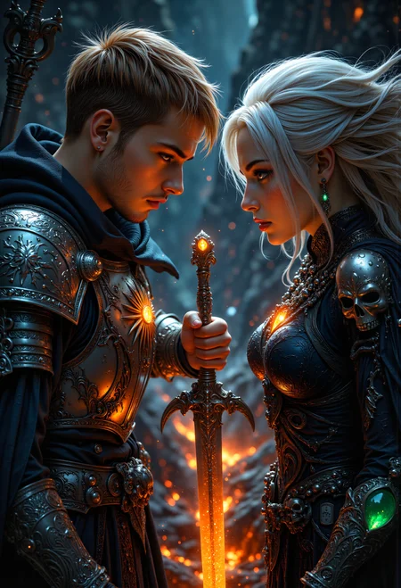A hyper-realistic portrait, photorealistic photo close-up image of A close-up portrait of a young, male human paladin with short, neatly trimmed blonde hair and piercing blue eyes, clad in shining silver plate armor emblazoned with a radiant sun emblem. He grips his sword tightly, the blade glowing with divine light, as he faces an older, female drow necromancer with long, flowing white hair, her crimson eyes filled with malice. She wears a dark, tattered robe with silver skull motifs and holds a staff topped with a glowing green crystal. They are locked in a tense standoff on a narrow ledge overlooking a sea of molten lava in an underground cavern. The glow from the lava casts eerie shadows, emphasizing the stark contrast between their light and dark natures. (fantasy, dramatic lighting, intense expressions, high detail, contrasting characters) (photography, high-resolution, dynamic, energetic,hyper-realistic, dramatic lighting, shallow depth of field.), detailmaximizer, MythP0rt<lora:midjourney_whisper_flux_lora_v01:0.55><lora:aidmaMJ6.1-FLUX-V0.1:0.4><lora:FluxMythP0rtr4itStyle:0.4><lora:detailed_flux_ntc:2.2><lora:aidmaImageUpgrader-FLUX-V0.1:0.65>
