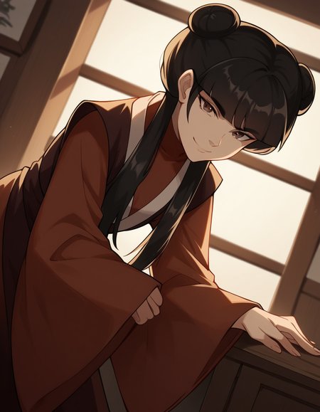 score_9, score_8_up, score_7_up, source_anime, <lora:mai-book2-ponyxl-lora-nochekaiser:1>, mai, sidelocks, long hair, black hair, lunt bangs, hair bun, double bun,, chinese clothes, turtleneck, long sleeves, wide sleeves,, indoors, bent over, smile, looking at viewer, solo, cowboy shot, dutch angle