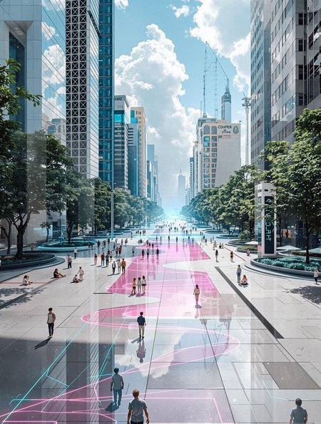 double exposure, superimposition, stylish techno city, marble, glass, neon blue glow from inside, transparent, minimalism, pink river, many people, fractals, glare, professional photoshoot