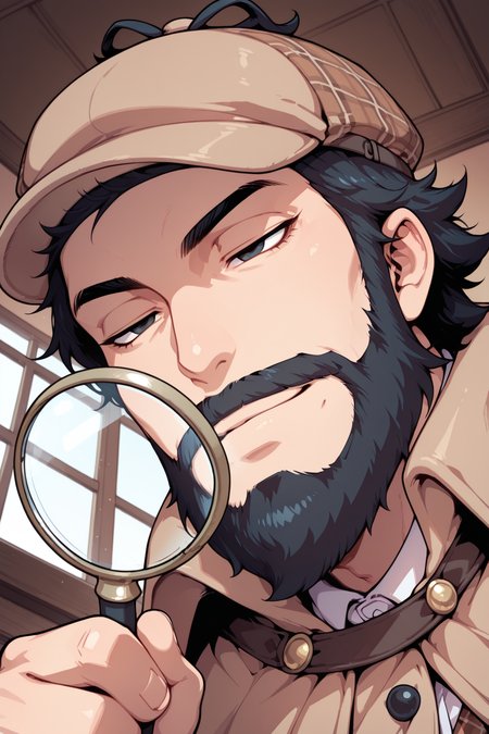 masterpiece, amazing quality, best quality, face closeup, 
1boy, solo, detective hat, beard, squinting, looking into magnifying glass, detective hat, indoors, low angle, foreshortening