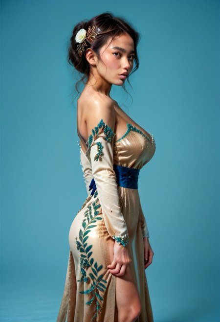 score_9, score_8_up, score_7_up,
JDMAI_ARIEL_SARI, JDMAI_KEBAYA, pureerosface_v1, tight long kebaya dress, long sleeves, deep neckline, bare shoulders, flower hairpin, decorated sash, brocade decoration, sequin decoration, 
(dynamic lighting), (dynamic shadow), 4k, HD, Hi res, cinematic masterpiece, photographic masterpiece, 
contrapposto pose, upper body, side view, 
natural make-up, glossy lips, 40GG cup Breasts, massive breasts size, natural breasts shape, narrow waist, wide hips, round ass, thick thighs, thigh gap, barefoot, 
(simple turquoise background), (blurry background), (sharp focus on object),