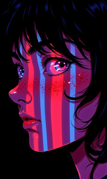 A close-up of a person with one of their eye closed, and vibrant, neon-colored streaks flowing from their eyes down their face. 
The colors include shades of neon red, pink and blue, creating a striking contrast against the subject's skin tone. 
The person has freckles on their cheeks and nose, adding texture to their complexion.
Her hair is black but compleately dark and appears slightly tousled and with blue specular.
The camera captures the subject from a frontal angle, focusing closely on their face and upper body. 
The lighting is harsh and uneven, highlighting the details of the subject's skin and the vivid colors of the streaks. 
The light source seems to be positioned in front of the subject, ensuring that the colors are bright and well-defined. 
Shadows are minimal, maintaining the clarity of the image.
The background is completely black, which isolates the subject and makes the colors pop even more.
This stark contrast draws all attention to the subject and the artistic elements of the image. 
There are no other objects or distractions in the background, keeping the focus solely on the person and the neon streaks.
The composition is centered, with the subject's face taking up most of the frame. 
The lines of the neon streaks lead the viewer's eye across the face creating a dynamic flow within the composition. 
The overall effect is both artistic and emotive, evoking a sense of mystery and abstraction.
j_art, j_anime, UNI_SCI_FI_CORE, <lora:FLUX\UNI_FI_NoCAP:0.2>, <lora:FLUX\jul\J_Anime:1.0>, <lora:FLUX\RealAnime:0.15>