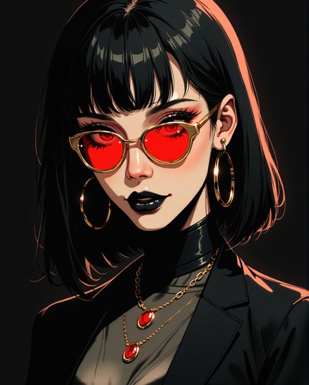 Stylized digital portrait of a woman with fair skin and short, dark hair. The subject is wearing red-tinted sunglasses with round skinny gold rims glass, a gray shirt, and a black blazer. They have a confident expression with black lipstick and a relaxed posture. The background is a solid black, vibrant red, which contrasts with the subject's attire. The person is accessorized with gold jewelry, including a necklace with a pendant and small hoop earrings. The overall composition is bold and striking, with a focus on the subject's face and upper body. easynegative, sinozick style, flat color, dark theme, g4n1m3sharp image of a portrait of a young woman with dark hair and red lipstick. She is wearing a black blazer with a high neckline and a gold chain necklace with a pendant. Her hair is styled in a bob with bangs and she is wearing large, round sunglasses with gold frames. The sunglasses have a red frame and the lenses are tinted red. She has a serious expression on her face and is looking directly at the camera. black background .<lora:Pony\Sinozick_Style_XL_Pony.safetensors:0.4:0.4> <lora:Pony\g4n1m3XLP.safetensors:0.37:0.37>