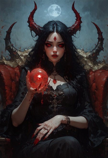 score_9, score_8_up, score_7_up,  solo, a gorgeous japanese girl, ominous, glowing bright red eyes, red pupils, huge demon horns, adorned horns, black sclera, pale skin, black eyeshadow, thick red eyeliner, red lipstick, thick eyelashes, black hair, bloody hands, dark red gemstone in forehead, jewelry, wearing a black kimono, long fingernails, black background, sitting on a throne, large glowing moon behind the character, drapery dress, dark red cloak, looking down at the viewer, holding black glowing orb, mysterious  <lora:pony/twilight_style:0.8> <lora:pony/expressiveh:0.8> expressiveh <lora:pony/vixon_gothic_oil_style:0.7> d4rk01l