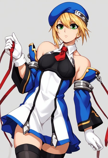 score_9, score_7_up, source_anime, source_cartoon, source_explicit, BREAK, absurdres, high quality, colorful, beautiful color, exquisite color design, aesthetic, illustration, 1girl, beauty, bb_noel, green eyes, blonde hair, short hair, beret, red necktie, armlet, detached sleeves, thighhighs, black thighhighs, ribbon, gloves, zettai ryouiki, bare shoulders, dress, short dress, collared dress, military uniform, black chest cover, white collar, short necktie, white gloves, bangs, short hair, green eyes simple background