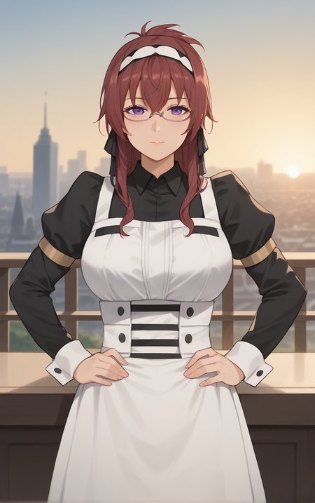 score_9, score_8_up, score_7_up, BREAK 
MaidOutfit_LiliaGreyrat_ownwaifu, 
1girl, folded ponytail, glasses, hair between eyes, hairband, long hair, purple eyes, red hair, semi-rimless eyewear, sidelocks, under-rim eyewear, white hairband, bangs, hair ribbon, large breasts, mature female,
black dress, collared shirt, juliet sleeves, long dress, puffy sleeves, white apron, long sleeves, maid, maid apron, black ribbon, black sleeves,
(contrapposto, hand on hip), sunset, sidelighting, cityscape, vanishing point, outdoors, <lora:PONYXL_MushokuTensei_LiliaGreyrat_ownwaifu:1> , depth of field, solo,