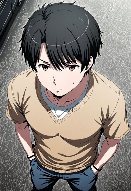 high resolution, solo, best quality, 1Boy, Inaho Kaizuka, Black Hair, casual, seen from above, gangster, dominant, intimidate, OverallDetail