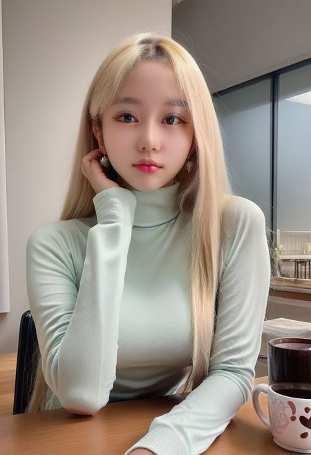 score_9, score_8_up, score_8, medium breasts, (curvy), realistic,   zzGirl, blonde hair, long hair, looking at viewer,    turtleneck sweater, earrings, library, cup of coffee, sitting at table, 
SkinHairDetail, EyeDetail