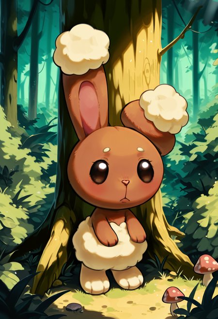 masterpiece, best quality, no humans,    zzBuneary, round eyes, soft fur, forest floor, mushrooms, tree roots, gentle lighting, cautious pose, hidden nook, curious expression â Nestled beside a cluster of toadstools and twisting tree roots, Buneary peeks out from a hidden forest nook. Dappled sunlight filters through the canopy above, glinting on her curious eyes as she tilts her head at a passing leaf. Her tiny nose twitches as she sniffs the air, surrounded by mossy logs and the quiet magic of the woods.  <lora:BunearyPokedex_IXL:1.0>,