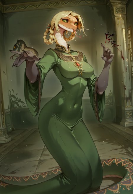 masterpiece,best quality,amazing quality, indoors, pillar
<lora:Anthropomorphic_snakes_Naga:1> anthropomorphic_snakes_(naga), 
ry4, blonde hair, braid, green eyes, braided hair rings, mole under mouth, slit pupils, solo
green dress, wide sleeves
smile, forked tongue, long tongue, tongue out, closed mouth, looking at viewer, grin, smug,
black aura, black energy, blood stain, casting spell, dynamic pose, foreshortening,
snake pose, fighting stance, standing,
dynamic pose, menacing, dutch angle, dynamic angle
<lora:Rya:1>,  <lora:forkedtongue_Illust_v1:1>,  <lora:LoRASnakePoseNoobAIXLvPred:1>,  <lora:Chinoiserie_Illu_Style:1> Chinoiserie, no humans, colored skin, fangs, facial mark, slit pupils, furry, colored sclera, black sclera, snake, scales, furry female, multicolored skin, snake girl, alien, lamia, squama, Snakegirl, Chinoiserie,  <lora:reptiloids_sdxl_v05_495-15-0:0.4> reptiloid, snake head,