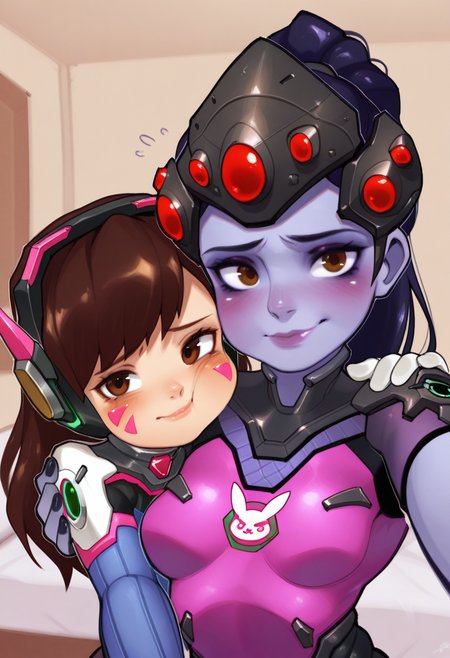 04N1M3R3style, masterpiece, best quality, solo,                                                                                2girls,upper body, cosy bedroom background, bed,  faces together,cheek press, BREAK 2girls, widowmaker \(overwatch\, black hair, headgear,  , smug, blush, looking at viewer, leotard, arms around another's shoulder, BREAK 2girls, d.va \(overwatch\),,, , brown eyes, brown hair,   worried, selfie,  lips,