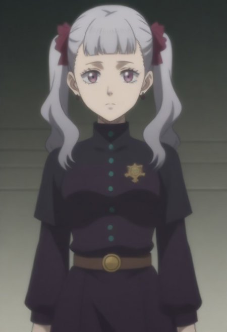 source_anime, anime screencap, source_anime, auratheguillotine, anime screencap, masterpiece, source_anime, shiny skin,,,,,,<lora:noellesilva-pdxl-nvwls-v1-000005:1> noelle silva, grey hair, purple eyes, twintails, hair ribbon, black capelet, green strap, white and purple dress, long sleeves, belt,