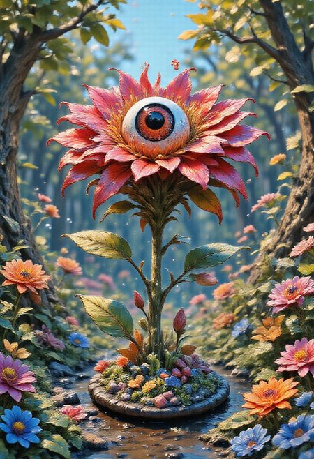 SmoothNoob_Quality,alien world, alien flower, multicolored flowers, walking eyeball,  no humans, rain,  bubbles, <lora:Smooth_Booster:0.5>​​​