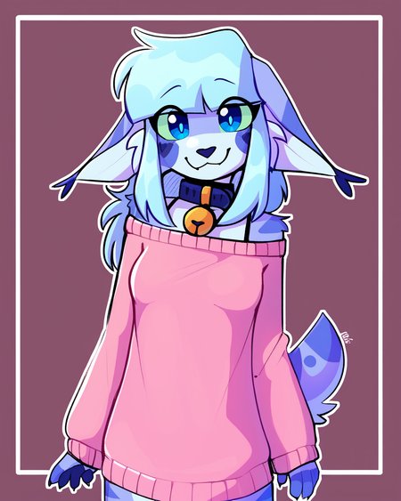 score_9_up, score_8_up, score_7_up, score_6_up, by remanedur, furry female, floppy ears, by remanedur, half-length portrait, sidelocks, female, furry, blue eyes, bell collar, blue hair, oversized sweater, off shoulder sweater, tail, medium breasts, bra strap, looking at viewer, head tilt, solo, happy, smile, three-quarter view, simple background, white outline, <lora:Leah_Pines(AIM)_XL_v1:0.15> <lora:PDXL_artist_tags_v2_big:0.5> <lora:The-Minuscule-Task_PDXL_v1.0:0.6>  <lora:Lenix_lenix_tt:0.7>