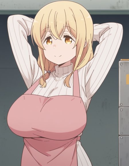 score_9, score_8_up, score_7_up, source_anime, <lora:ayaka-sunohara-s1-ponyxl-lora-nochekaiser:1>, ayaka sunohara, long hair, bangs, blonde hair, yellow eyes, mature female,, long sleeves, yellow eyes, large breasts, apron, sweater, turtleneck, ribbed sweater, turtleneck sweater, white sweater, pink apron, construction site, machines, workers, progress, dirt, smile, hands behind head,, looking at viewer, solo,, dutch angle, cowboy shot