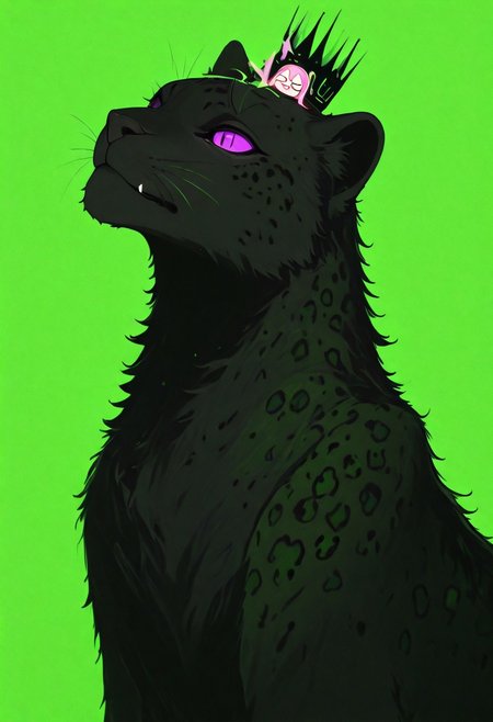 an elegant leopard lounging on a pink and green background, with bold brush strokes that convey movement and energy. The background is a vibrant mix of pinks, reds, greens, and yellows, creating a lively atmosphere. A small crown adorns its head, adding to its regal demeanor. This artwork portrays the jaguar as both a majestic creature and a fashion icon in an urban setting. 
, xxx667_illu, melanch0ly, <lora:illustriousXL_stabilizer_v1.23:0.3> <lora:NOOB_vp1_detailer_by_volnovik_v1:0.3> <lora:ponyv6_noobE11_2_adamW-000017:0.3> <lora:XXX667:0.7> <lora:MelancholyAnime:0.8>