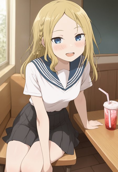 masterpiece,best quality,amazing quality,
parted bangs, hayasaka ai, long hair, solo, 1girl, looking at viewer, skirt, sitting, bangs, blonde hair, blue eyes, sailor collar, school uniform, open mouth, serafuku, smile, short sleeves, drinking straw, shirt, blush, braid, white shirt, breasts, indoors, small breasts, pleated skirt, blue sailor collar, forehead, thighs, table,
 <lora:Kuhuku:1>