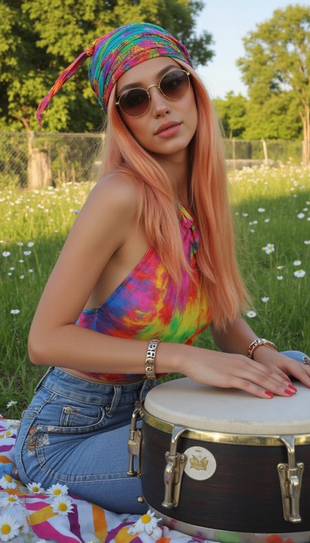 Generate a photorealistic image of a hippie girl taken with an apple iPhone.

She has long, flowing rose gold hair with a bright vibrant headscarf Tied loosely around the head, perhaps with a few strands of hair escaping. 

She wears a bellbottom jeans with a loose halter top with radiant colors and spectral patterns. She is wearing round sunglasses with brightly colored lenses.

She is playing the bongos, surrounded by daisies and butterflies.

She has realistic skin that is not flawless. She has Gleaming grey-blue eyes. She has a unique nose. She has a small chin. She has a plump Relaxed breasts. She has natural unshaven body hair.  She has not recently showered, her skin may be a little bit dirty. She wears little make-up except for her lip gloss.  She has painted toenails