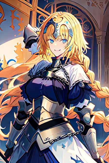 solo, 1girl, solo_focus, 
jeanne_d_arc_fgo, blonde_hair, long_hair, blue_eyes, breasts, very_long_hair, headpiece, smile, braid, gauntlets, single_braid, large_breasts, bangs, chain