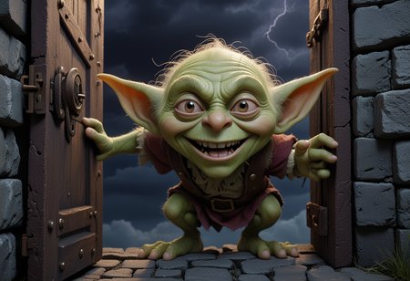 (medium full shot) of (medium shot , straight on) of mischievous goblin unlocking a secret door, detailed face, located in a magical scene at a magical giant's fortress during twilight with stormy weather, illuminated by starlight, creating a wondrous atmosphere, Masterpiece,best quality, photo, realistic, very aesthetic,