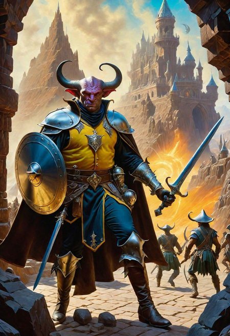 A hyperrealistic 8k photograph was captured by Sid Avery's Hasselblad camera, depicting close-up a handsome+ Tiefling shield bearer with pink+++ skin and slender build during a battle+++, surrounded by goblins++, He has a bald head, neon yellow eyes, calm++ and handsome+ and detailed face, cold smile++, mysterious and ominous aura of dark shadows enveloping the figure, Lovecraftian Horror-themed, in the artistic style of Boris Vallejo, Shadows casting an uncanny atmosphere, hints of eldritch dark energy crackling, He is dressed in a musketeer outfit, high details and era-appropriate, He is wielding a magically radiating+ Backsword+ in the right hand, and he is holding a steel shield+++ in the left hand, Backdrop (background) of a focused scene of a battle with goblins next to a crystal palace, Mysterious composition, imbued with a dark, ambient 3d warm studio backlight.