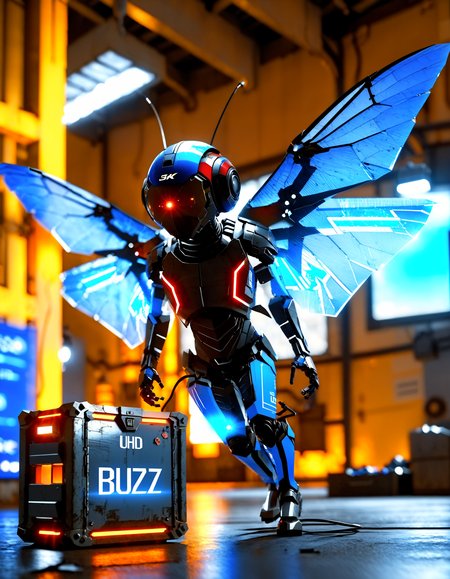 (masterpiece, best quality, ultra-detailed), (embedding:ziprealism:1), an (anthropomorphic humanoid) (house-fly), in a cyberpunk laboratory, blue theme, blue lightning wings, glowing blue wings, emitting blue lightning bolts, a steel crate with with word "buzz" glowing blue in the foreground, subsurface scattering, moody shadows, dynamic pose, cinematic framing, dramatic lighting, vibrant colors, photorealistic, highly detailed, hyper realistic, HDR, cinematic, sharp focus