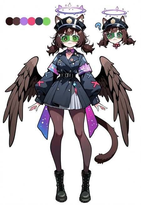 masterpiece, white background, zoomed out, fullbody, best quality, highres, absurdres 1person, human, solo, black police cap, red spiky collar, halo, ((horns)), (cat ears), :3 mouth, green scouter visor, visor over 1 eye, feathered wings, ((purple primary colour)), big eyelashes, wide eyes, doe eyes, multicolor fairy lights, multicolor fairies, in frame, modest clothing, (((X shaped pupils))), (((white X shaped pupils))), low pigtails, fluffy spiky hair, dark hair, character reference, ((one eyebrow up one eyebrow down)), questioning expression, suspicion expression, cool jacket, skirt, (extra surprised expression), combat boots, 1 set of sleeves, almondeye