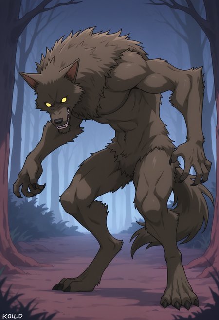 masterpiece,best quality,amazing quality, 1boy, solo, k0b0ld, werewolf, brown fur, colored sclera, no pupils, tail, full body, outside,