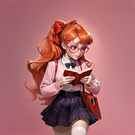 zPDXL2,pink background,<lora:pony_good_hands:0.8>,good hands,<lora:TeenBlossom:0.8>,TeenBlossom,1girl,solo focus,long hair,orange hair,very long hair,reading,pink glasses,looking down,walking,red bookbag,<lora:ChamShuujinAcademyUniformPonyXL:0.8>,GirlUniform,shuujin academy school uniform,pink blazer,plaid skirt,white thighhighs,<lora:back_hair_bow-PD-1.0-full:1>,back hair bow,red bow,pink hair flower,ponytail,straight hair,cute face,<lora:mb_styles_DOLLS_v2:0.8>,