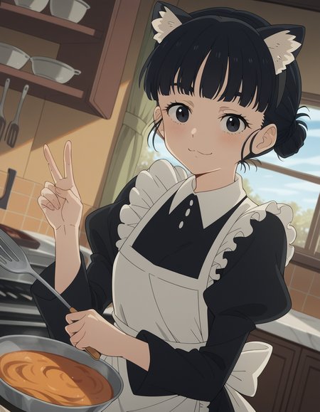 score_9, score_8_up, score_7_up, source_anime, <lora:tiara-basori-s1-ponyxl-lora-nochekaiser:1>, tiara basori, bangs, black hair, hair bun, black eyes, single hair bun,, skirt, long sleeves, animal ears, puffy sleeves, cat ears, apron, black dress, maid, fake animal ears, juliet sleeves, maid apron, kitchen, cooking, apron, cutting vegetables, home cooking, smile, looking at viewer, v,, solo,, cowboy shot, dutch angle