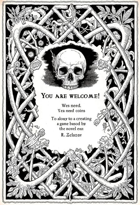 A solid Victorian pattern of intertwining vignettes in the form of autumn leaves, spiked stems of plants and bones. in the center of the picture, a small (about 5% of the total image size) skull with burning eyes should be depicted on top of the pattern. just below the skull there should be a small (about 5% of the total image size) horizontal exquisite Victorian plaque with the text “You are welcome!
We need coins to continue creating a game based on the novel by R. Zelazny". The entire image should be enclosed in an exquisite thin Victorian-style frame. the image must be monochrome. (anatomica, perfect text title style)