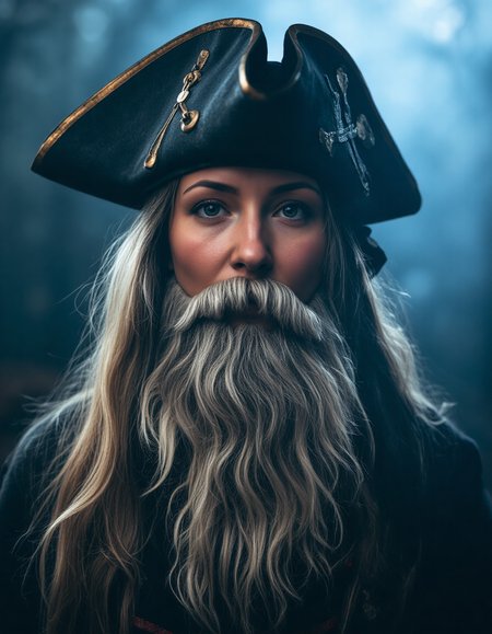 photo of old pirate woman wearing a fake beard, fog, dark atmosphere, night, close up, cinematic shot, hard shadows, Fujifilm XT3