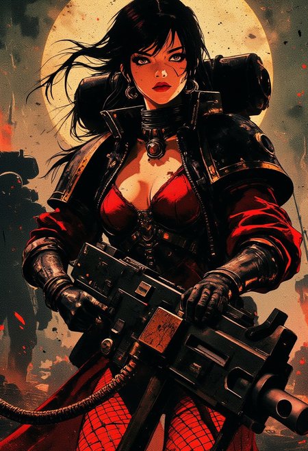 silhouette art, a Japanese female space marine, long asymmetric hair, dark eyeshadow, red lips, red bodysuit unzipped, cleavage, fishnet stockings, holding massive heavy bolter gun with both hands, chiascuro, abstract dark misty battlefield background