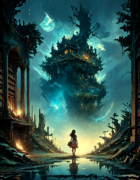 pretty 18yo 1girl with cat, magic university, 
colorful, vibrant colors, illumination, vivid detail, library, 
perfect photograph, cinematic, epic, 
Intricate textures, vertical lighting, complementary colors, walking away, hyperrealism, realistic lighting, aesthetic, artistic photoshoot, sharp, soft light, high contrast, muted colors, soothing tones, faded ink, ink smears, ink stains, ink splashes, ink illustration, underexposure, <lora:p4tr0nusXLP:0.6>, glowing, black background, glow, <lora:Fantasy_Wizard__Witches_SDXL:0.6>, <lora:ral-dissolve:0.4>, 
landscape, reflections, rain, fantasy ruin, 
dark, colorful, vibrant colors, illumination, vivid detail, bagpack, 
illustration, cartoon, detailed, <lora:J_cartoon:0.4>, Night sky, <lora:OtherStyle_06:0.7>, <lora:envyStarlightAnime04_v10:1>, <lora:PE_EpicLand:1>, PEEpicLand, illustration,