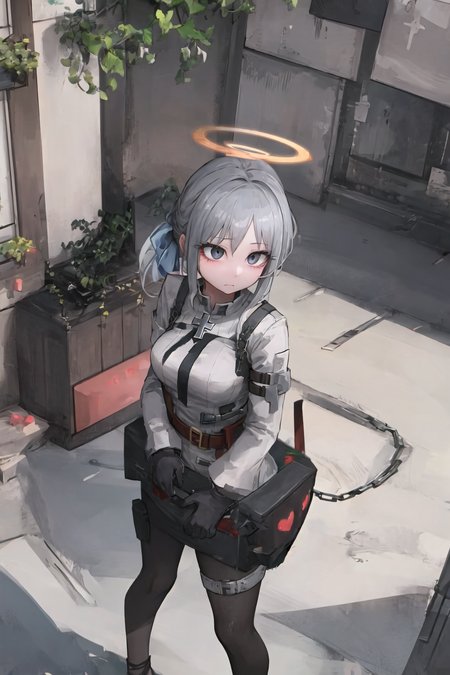 ((masterpiece)), (best quality), (detailed), (1 girl), <lora:jack:0.5>,jack-o' valentine,red hair,white bodysuit,gloves,halo,cross,belt,chain,<lora:lifeWithSylvieTeachingFeeling_v1:1>,tf_silver_,pet