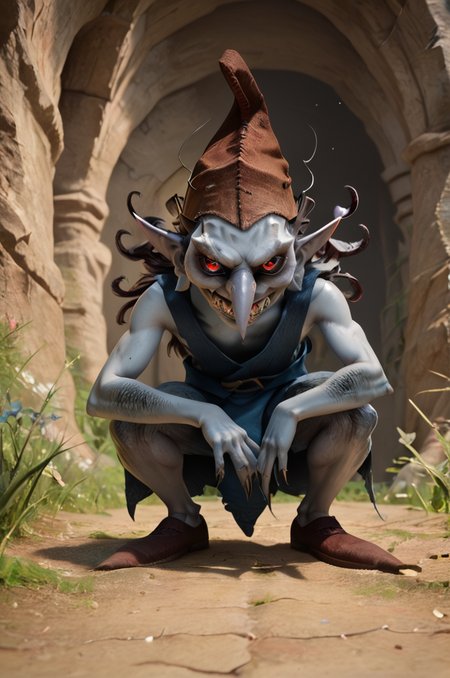 score_9, score_8_up, score_7_up, (goblin_xv, daemon), gray skin, detailed skin, red eyes, glowing eyes, detailed eyes, pointed ears, pointed nose, fingernails, hat, brown hat, rags, blue rags, shoes, brown shoes, pointed shoes, fingernails, <lora:FF_GoblinPony09:0.8>, indoors, cave, squatting, leaning forward, look at viewer, zPDXL2, zPDXLpg, zPDXLrl, shaded, best quality, highly detailed, extreme detail, photorealistic