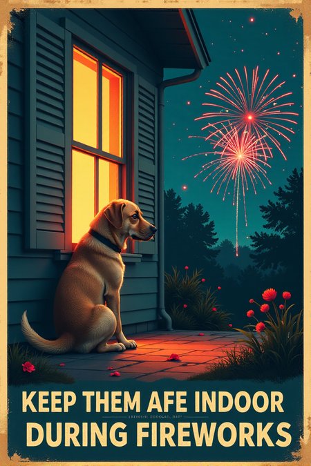 A vintage-style poster featuring a sad-looking dog cowering inside a house with closed windows, while colorful fireworks explode safely in the distance outside. The text in a gentle, blue font reads: "BE KIND TO YOUR PETS! Keep Them Safe and Indoors During Fireworks." Emphasize the importance of animal safety during celebrations.  <lora:REMEs_War_Poster_Style:0.95> In REME's War Poster Style,âââ