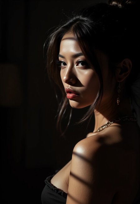 dark background, portrait of stunning oriental woman, seductive, sultry, lustful, light hitting one side of face, chiascuro